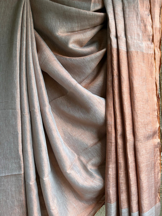 Light brown linen zari sari with woven brown border & tassels
