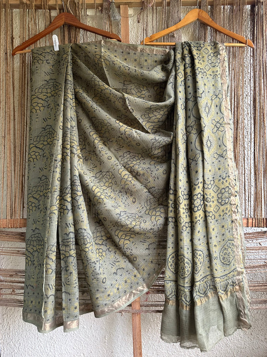 MEHNDI GREEN KOTA PRINT WITH AJRAKH HANDBLOCK SARI