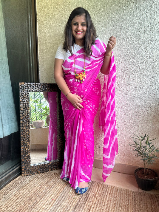 Pink leheriya bandhani chiffon sari cl- 98