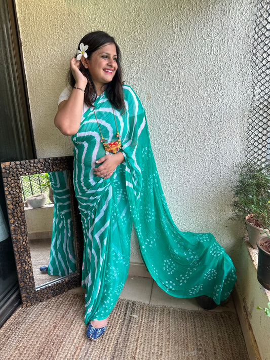 TURQOUISE GREEN LEHERIYA  BANDHANI CHIFFON SARI CL-97