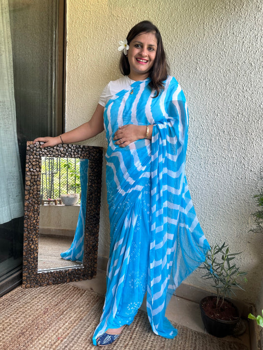 SKY BLUE LEHERIYA BANDHANI CHIFFON SARI