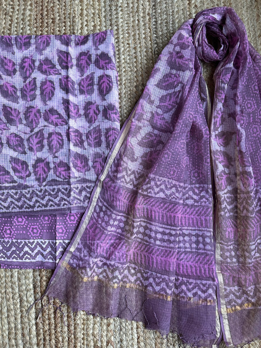 PURPLE WHITE KOTA HANDBLOCK SUIT SET