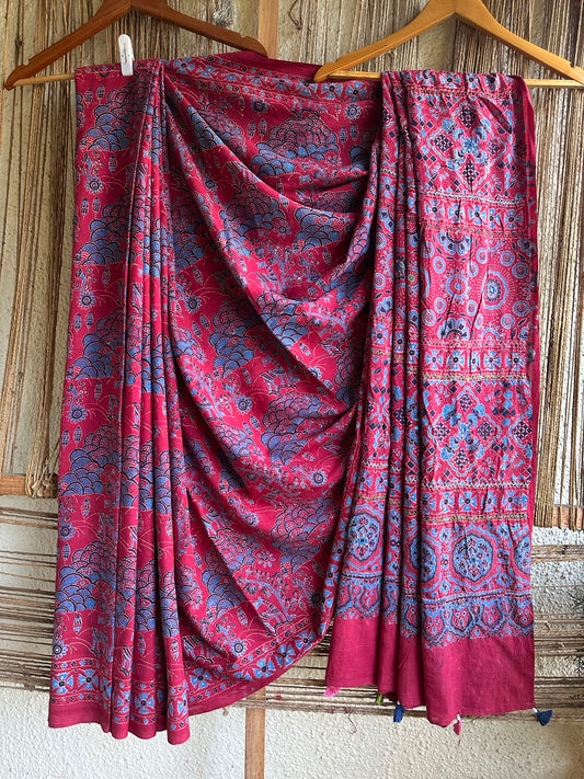 MAROON AND BLUE COTTON AJRAKH HANDEMBROIDERY SARI