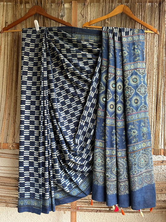 INDIGO CHECK COTTON AJRAKH HANDEMBROIDERY SARI