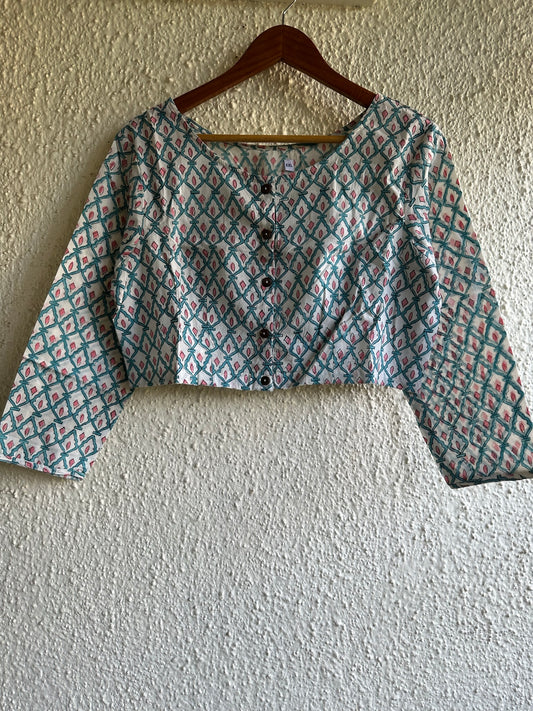 WHITE AND SEA GREEN COTTON BLOUSE WITH WOODEN BUTTON