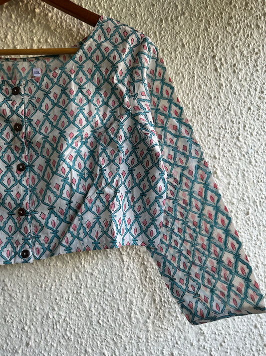 White and sea green cotton blouse with wooden button