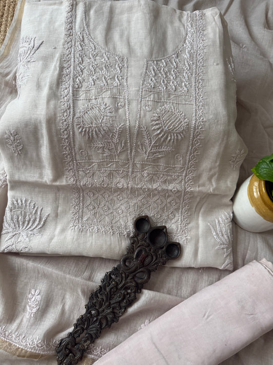 Cloud grey mull chanderi lucknowi chickenkari with moti work hand embroidery three piece suit
