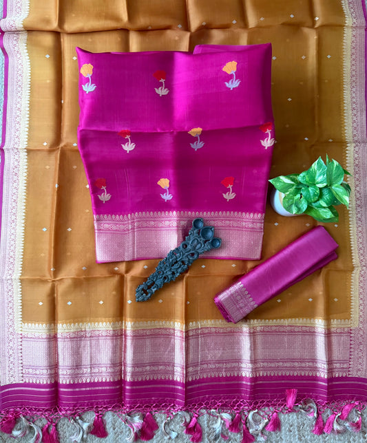 Magenta Pink Ombré Shade kora silk certified handloom banarsi kadwa booti meenakari three piece suit