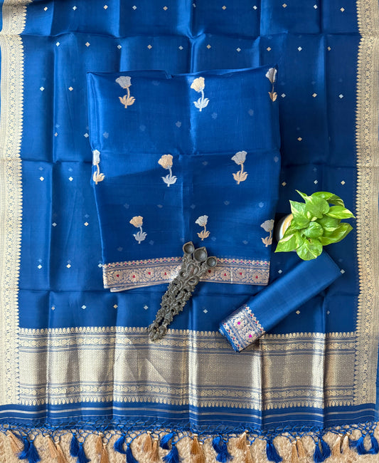 Classic Blue Ombré Shade kora silk certified handloom banarsi kadwa booti meenakari three piece suit