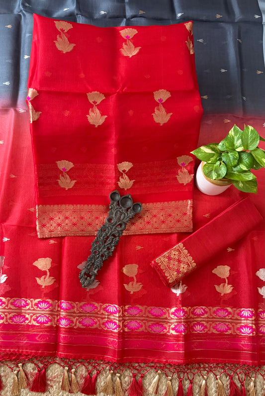 Torch Red Ombré Shade kora silk certified handloom banarsi kadwa booti meenakari three piece suit