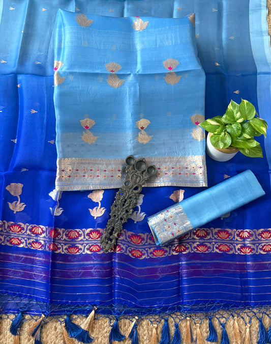 Sky Blue Ombré Shade kora silk certified handloom banarsi kadwa booti meenakari three piece suit