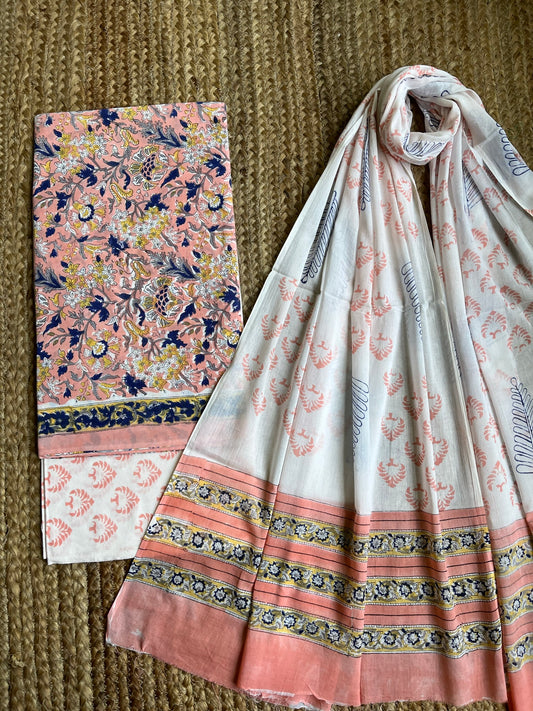 PINK BLUE COTTON HANDBLOCK SUIT SET
