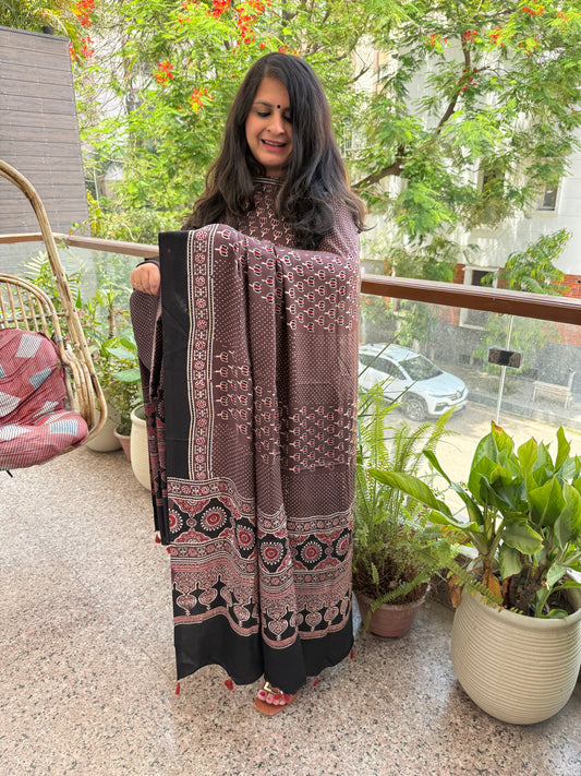 COFFEE BROWN AJRAKH MODAL SILK HANDBLOCK KURTA SET