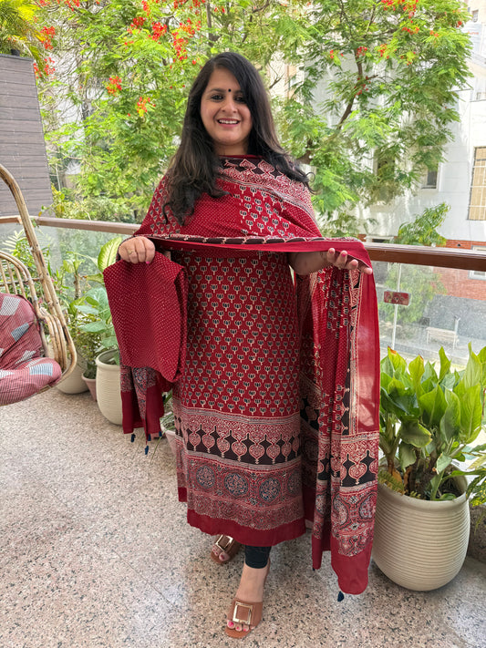 Red ajrakh modal silk handblock kurta set