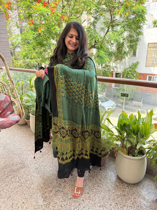 BOTTLE GREEN AJRAKH MODAL SILK HANDBLOCK KURTA SET