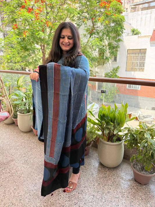 INDIGO BLACK AJRAKH MODAL SILK HANDBLOCK KURTA SET