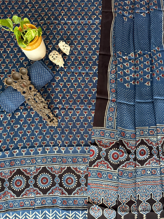 Indigo blue ajrakh modal silk handblock kurta set