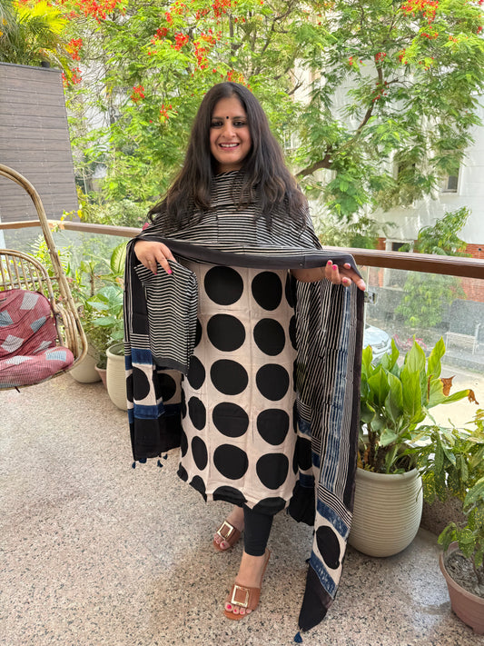 BEIGE BLACK AJRAKH MODAL SILK HANDBLOCK KURTA SET