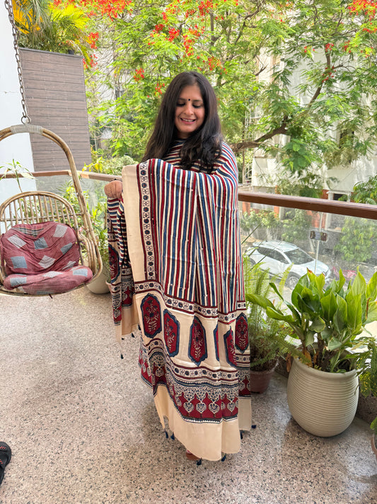 BEIGE MAROON AJRAKH MODAL SILK HANDBLOCK KURTA SET