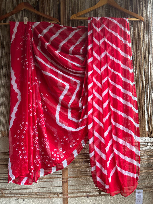 Red bandhani leheriya handcrafted chiffon sari