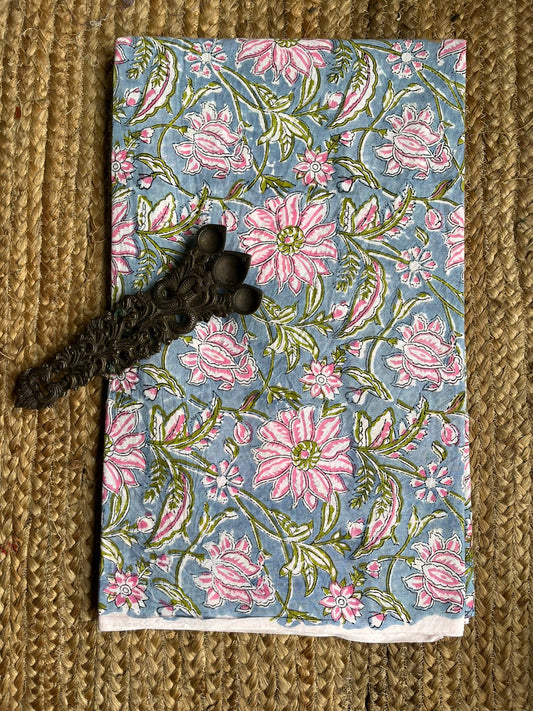 PASTEL BLUE FLORAL HANDBLOCK COTTON FABRIC
