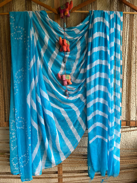 SKY BLUE LEHERIYA BANDHANI CHIFFON SARI