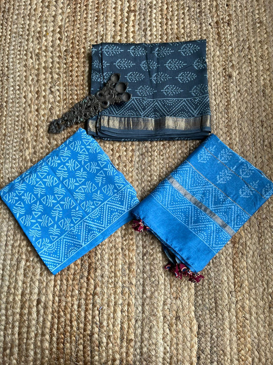 BLUE GREY MAHESWHARI SILK HANDBLOCK SUIT SET