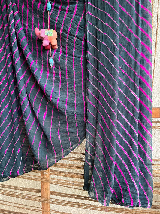 Black pink leheriya bandhani chiffon sari cl-106