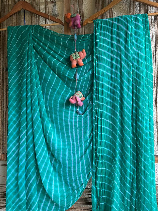 TURQOUISE GREEN  LEHERIYA HANDCRAFTED  CHIFFON SARI CL-101