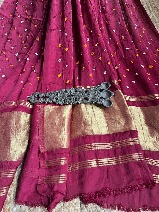 MAROON MODAL SILK BANDHANI DUPATTA WITH ZARI BORDER