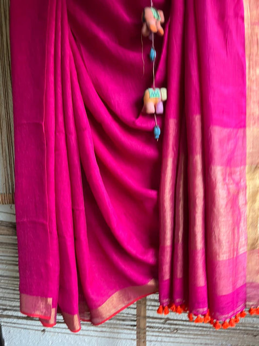 MAGENTA PINK LINEN COTTON SARI WITH WOVEN ORANGE BORDER TL-41
