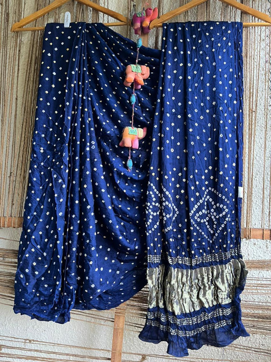 Denim blue modal dot silk bandhani sari