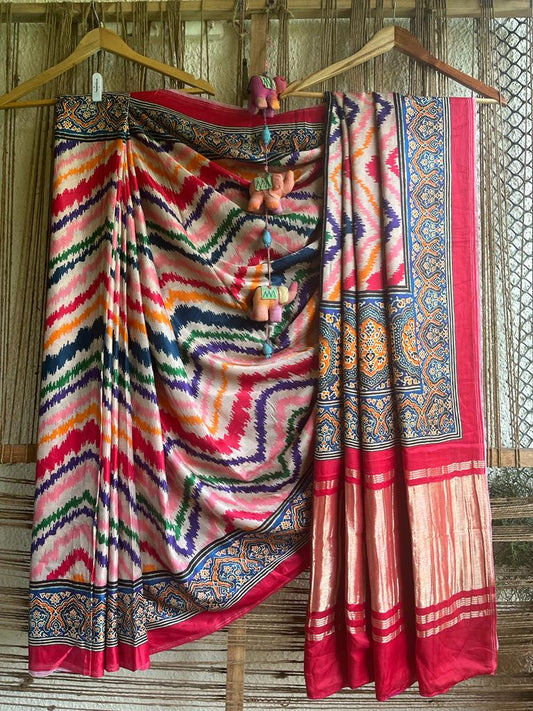 PEACH MULTICOLOR MODAL SILK PATOLA SARI WITH ZARI BORDER PMS-10114