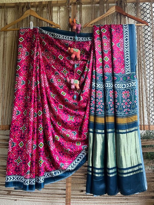 PINK & BLUE MODAL SILK PATOLA SARI WITH ZARI BORDER PMS- 1097