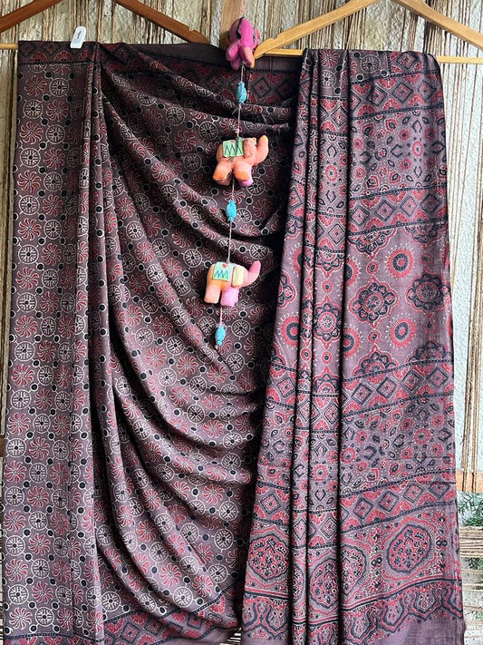 Chikoo brown mull cotton ajrakh hand crafted sari