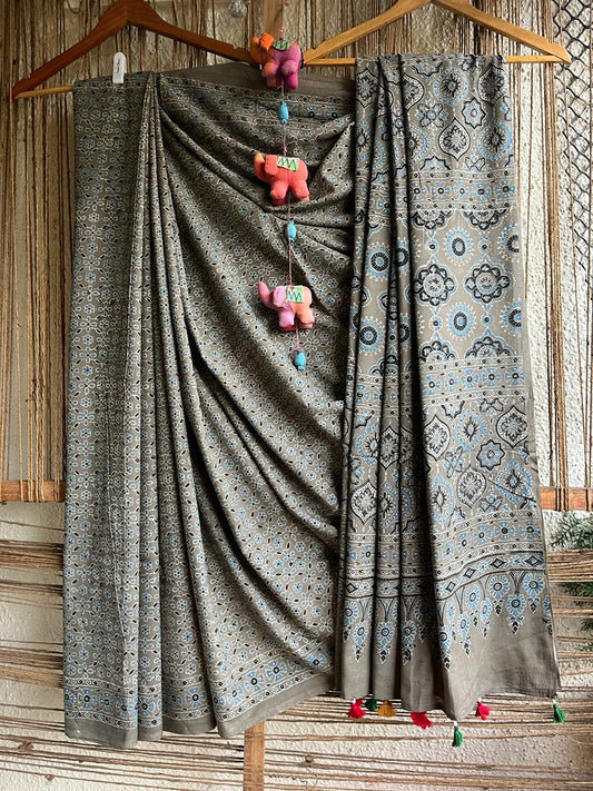 GREY MULL COTTON AJRAKH HAND CRAFTED SARI