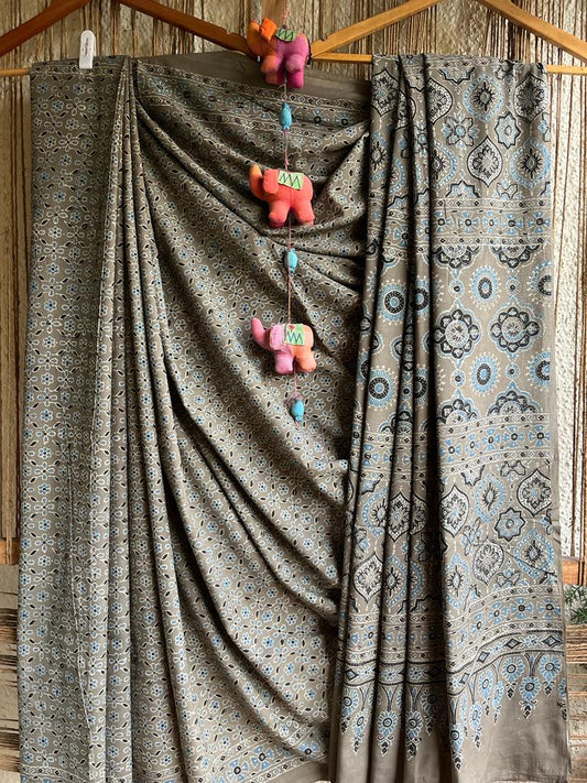 Grey mull cotton ajrakh hand crafted sari