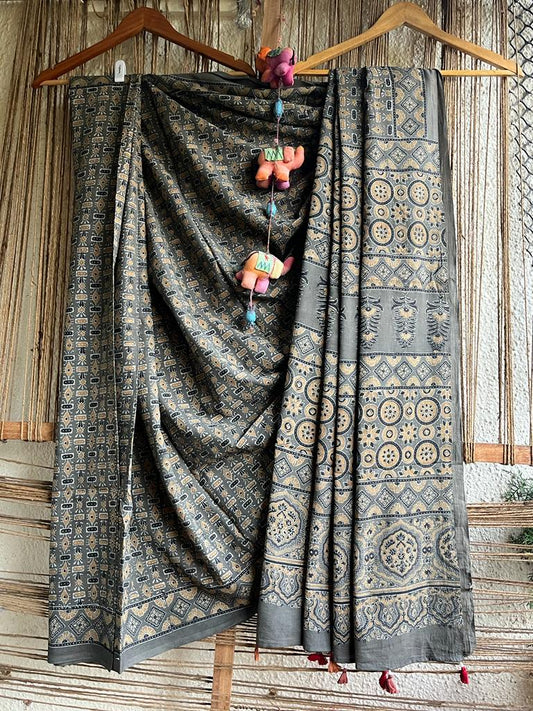 GREY MULL COTTON AJRAKH HAND CRAFTED SARI