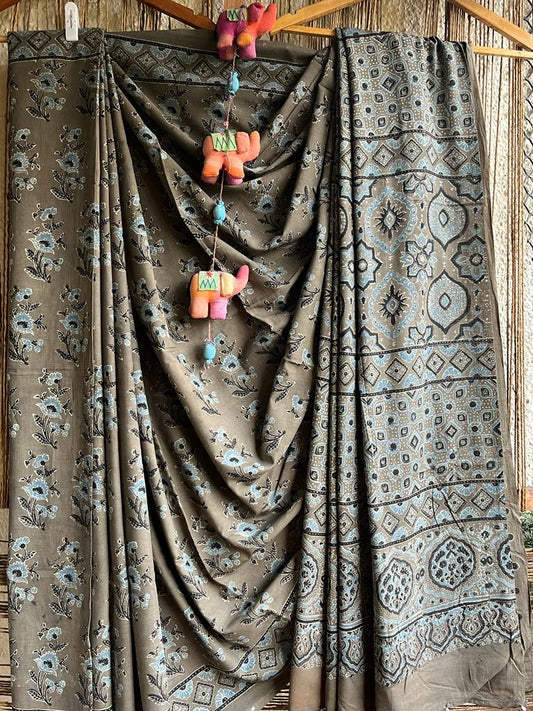 Grey mull cotton ajrakh hand crafted sari
