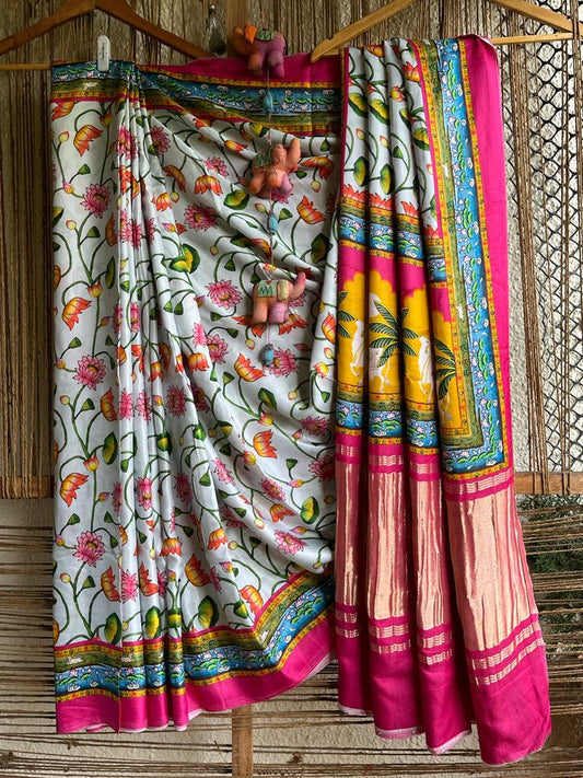 CREAM MAGENTA MODAL SILK PATOLA SARI WITH ZARI BORDER PMS- 1019
