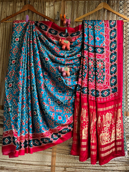 SEA BLUE PINK MODAL SILK PATOLA PRINT SARI WITH ZARI BORDER PMS- 1017