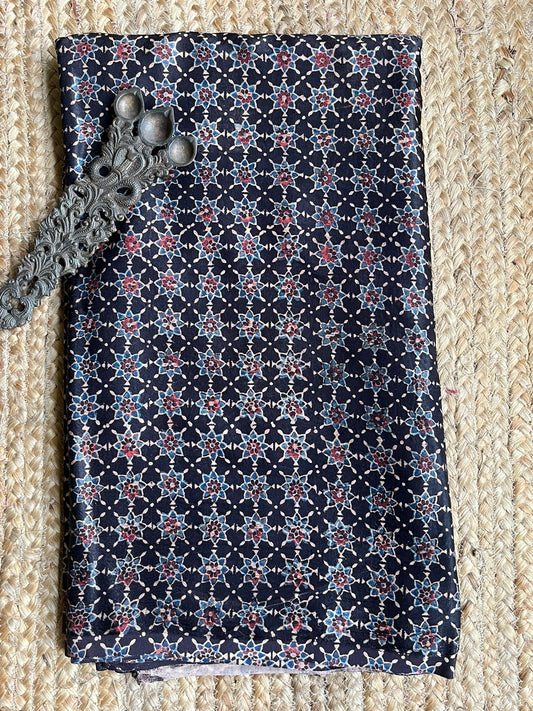 BLACK AJRAKH HANDBLOCK MASHRU SILK FABRIC