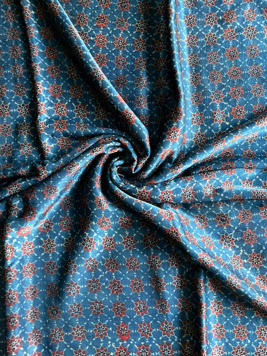 INDIGO AJRAKH HANDBLOCK MASHRU SILK FABRIC