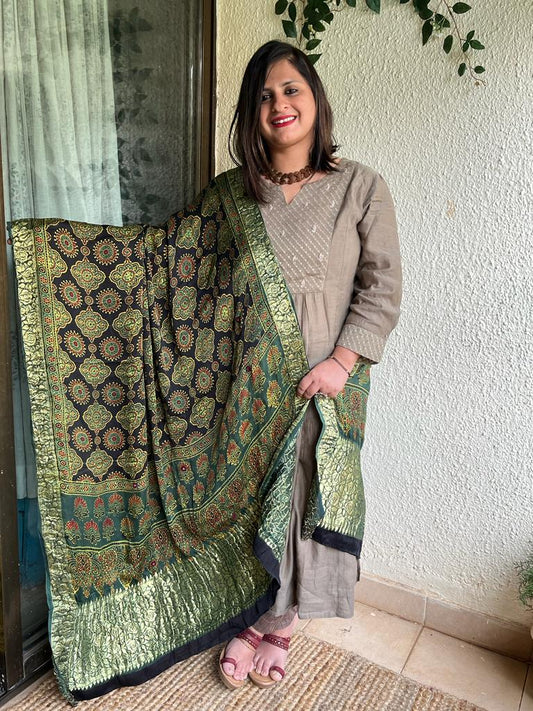GREEN AJRAKH GAJI SILK ZARI WOVEN DUPATTA