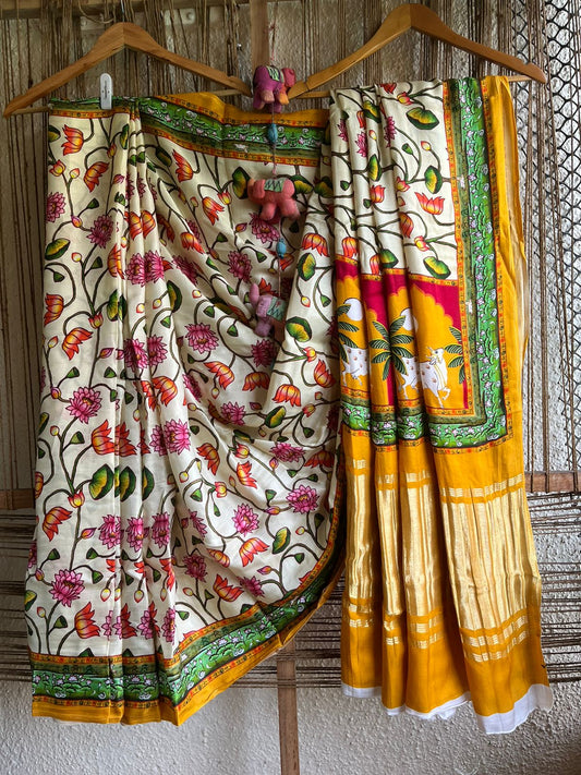 CREAM MUSTARD  MODAL SILK PATOLA SARI WITH ZARI BORDER PMS- 1010