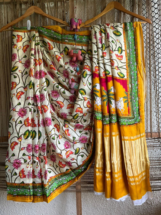 CREAM MUSTARD MODAL SILK PATOLA SARI WITH ZARI BORDER PMS- 1010
