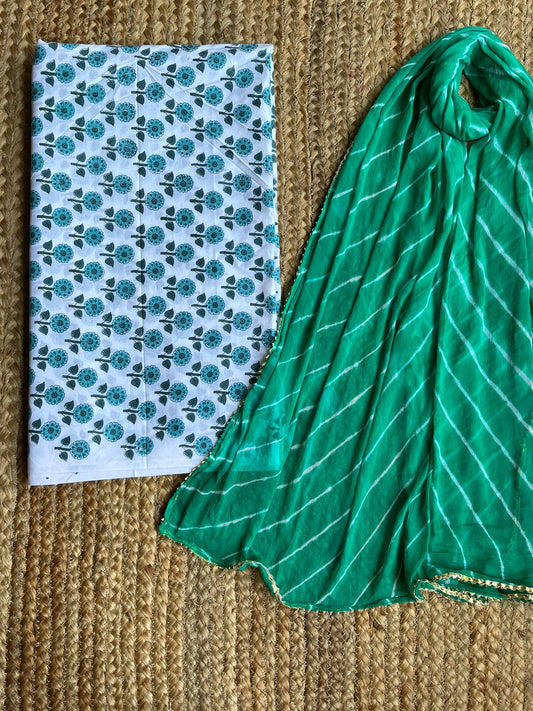 WHITE AND GREEN COTTON HANDBLOCK KURTA SET