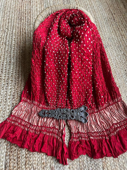 RED MODAL SILK BANDHANI DUPATTA WITH ZARI BORDER