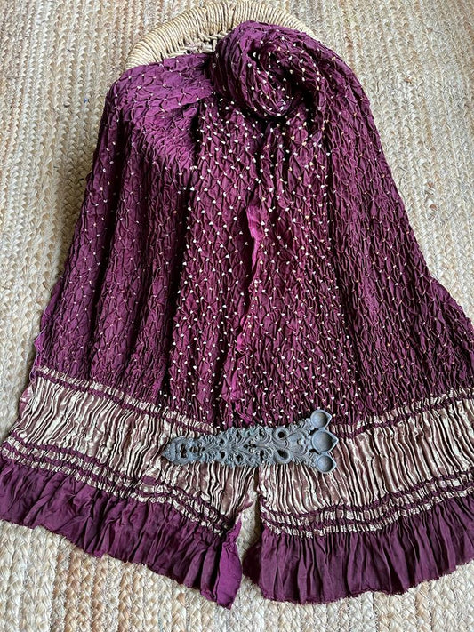 WINE SILK BANDHANI DUPATTA WITH ZARI BORDER