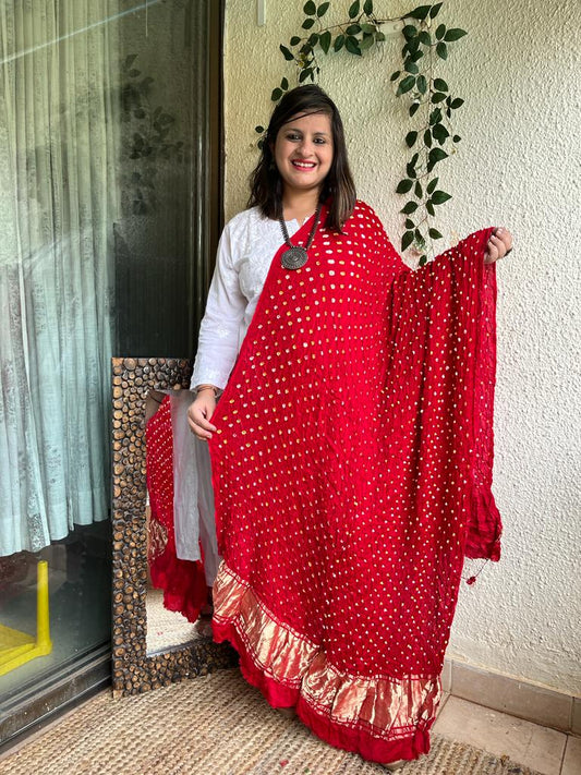RED MODAL SILK BANDHANI DUPATTA WITH ZARI BORDER